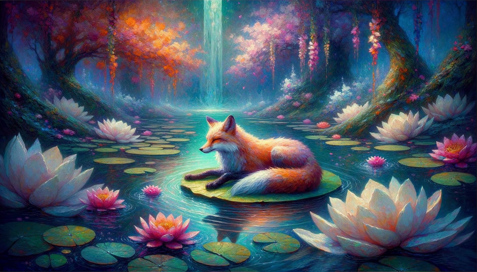 Fox Floating in Lotus Pond: Open Impressionism