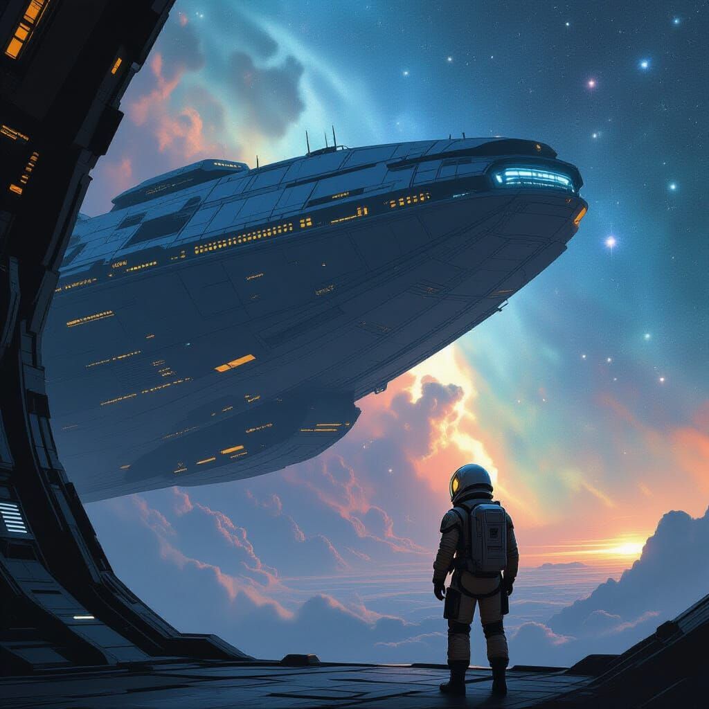 Explorer on Derelict Alien Ship in Nebula