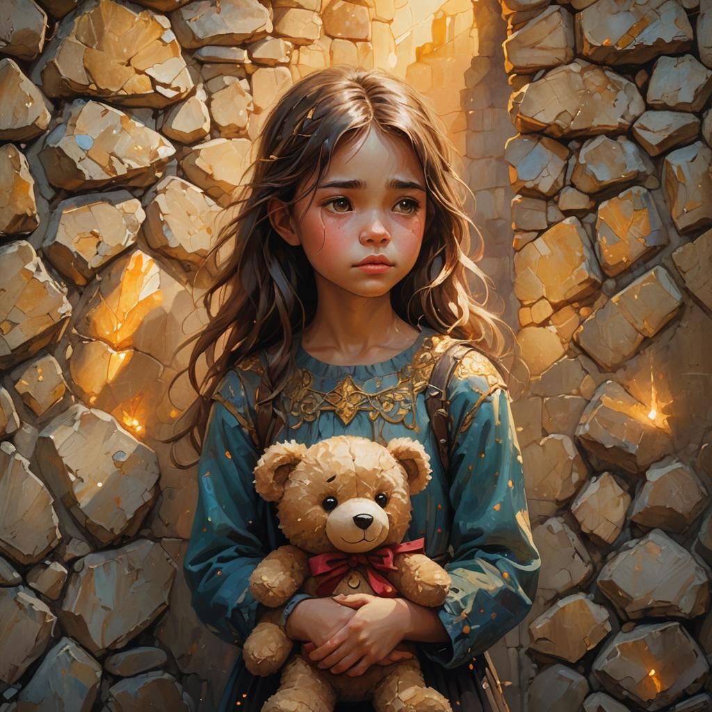 Girl Crying with Teddy Bear in Dreamlike Oil Painting