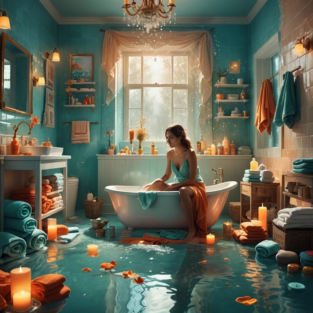 Girl in Magical Bathroom with Glowing Water