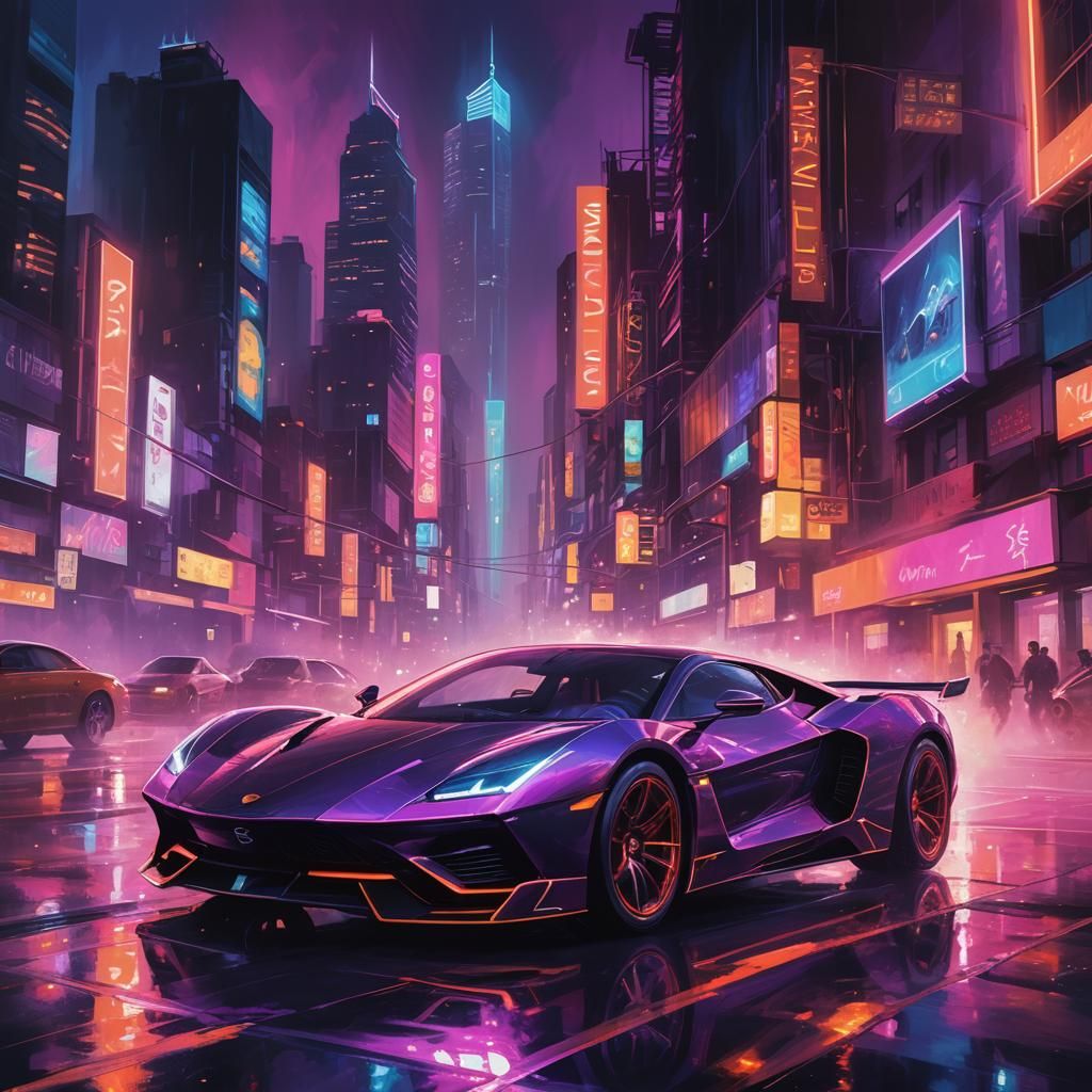 Sleek Super Car Speeding Through Neon Cityscape
