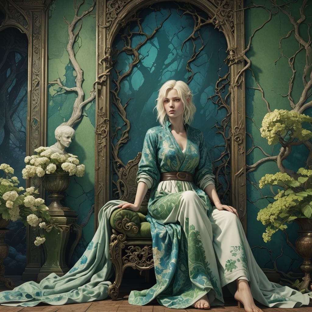 Blue Forest Woman in Maxfield Parrish Style