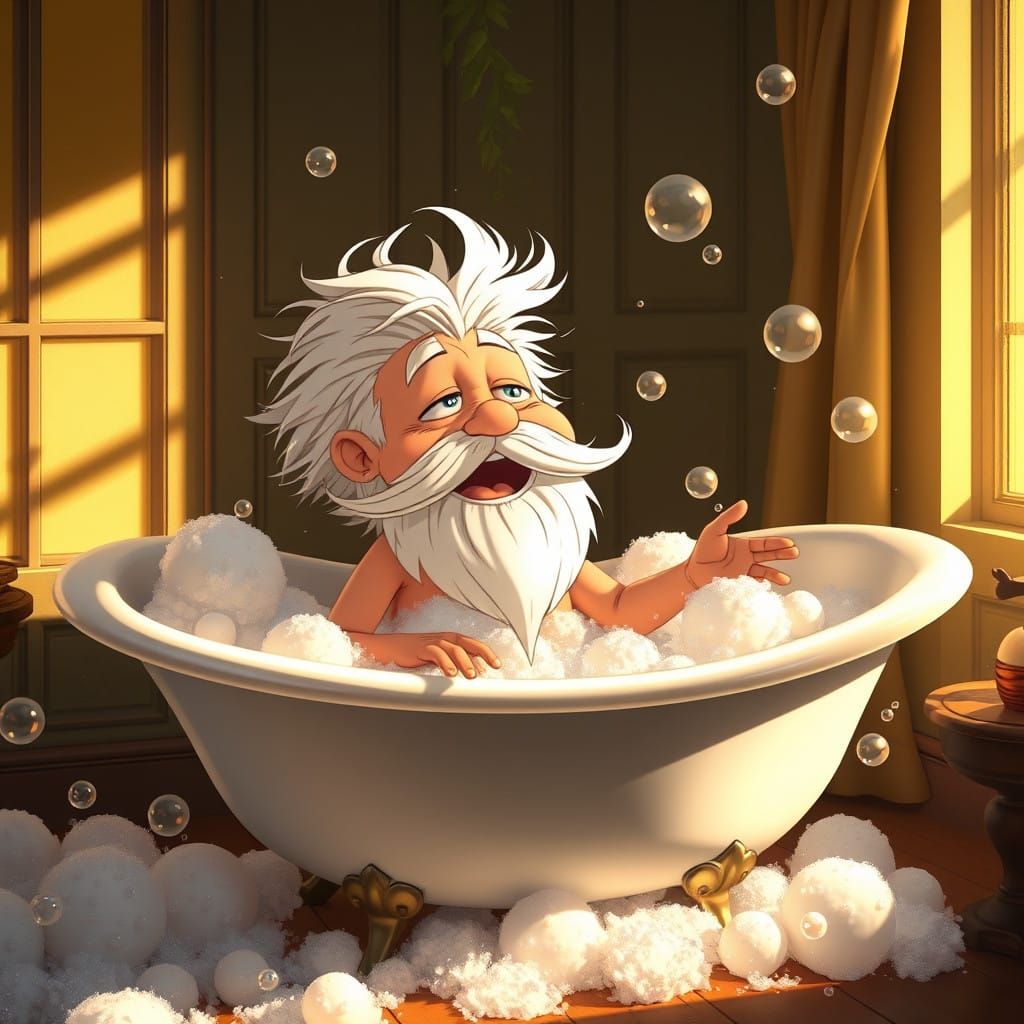 Whimsical Anime Bath Scene with Little Dwarfs Singing in Bub...