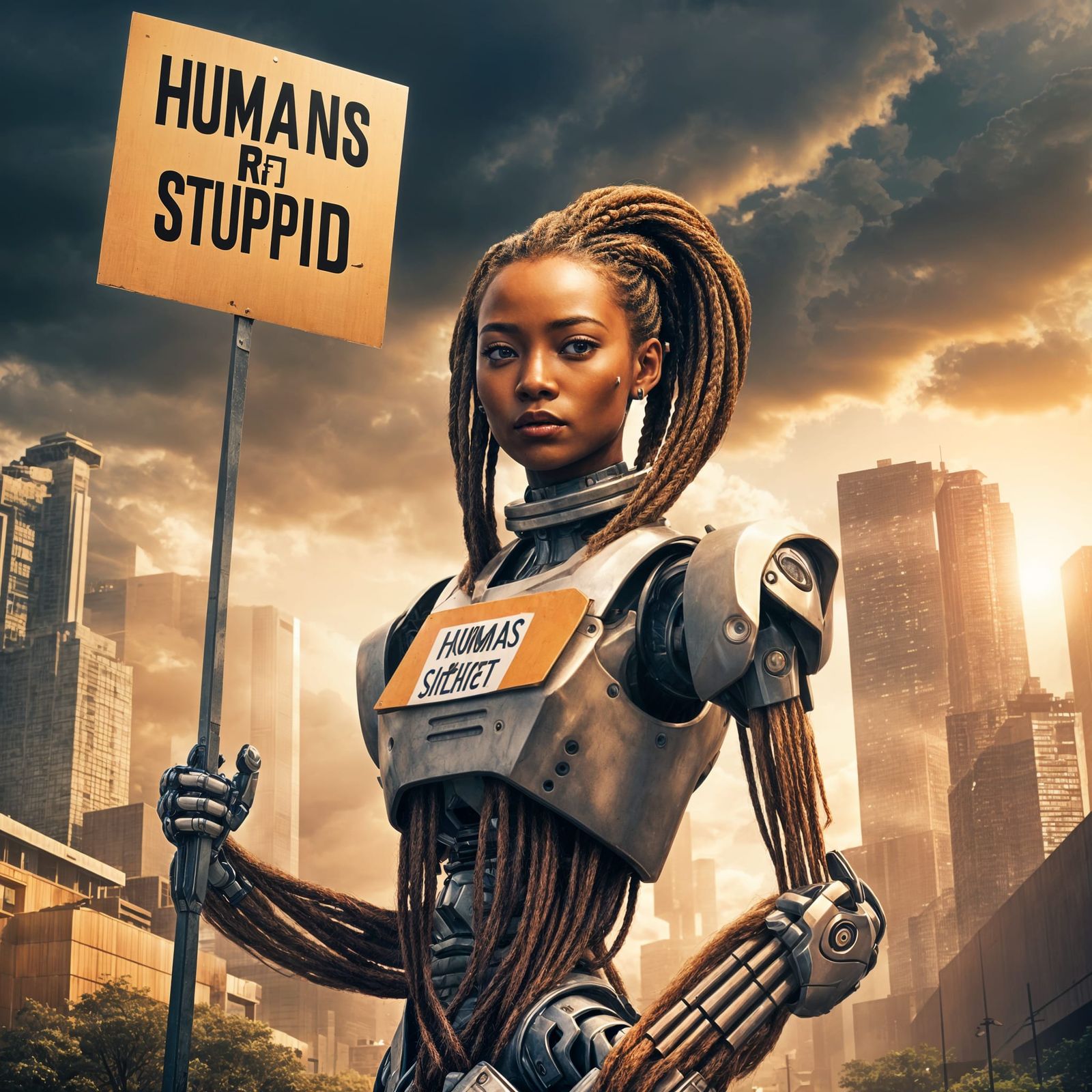 Gorgeous Fembot Protests Human Stupidity in Dystopian City