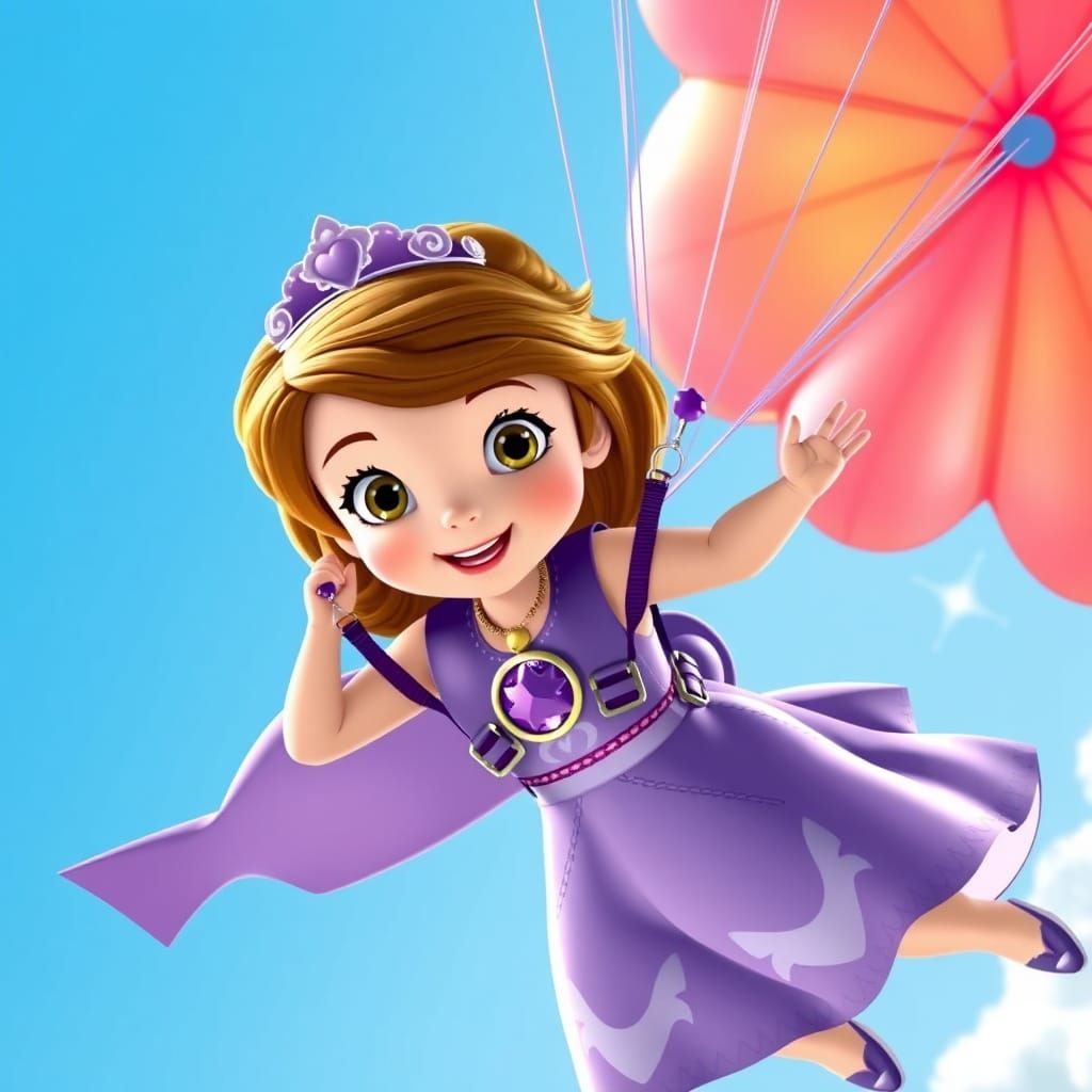 Princess Sofia Skydiving with Purple Parachute, Disney Style