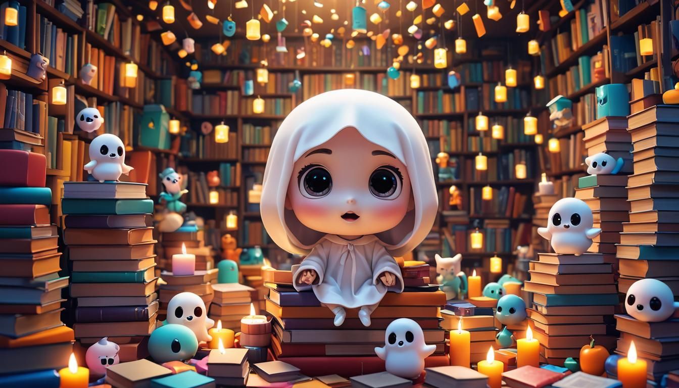 Adorable Chibi Ghost Floating Over Colorful Treasures
