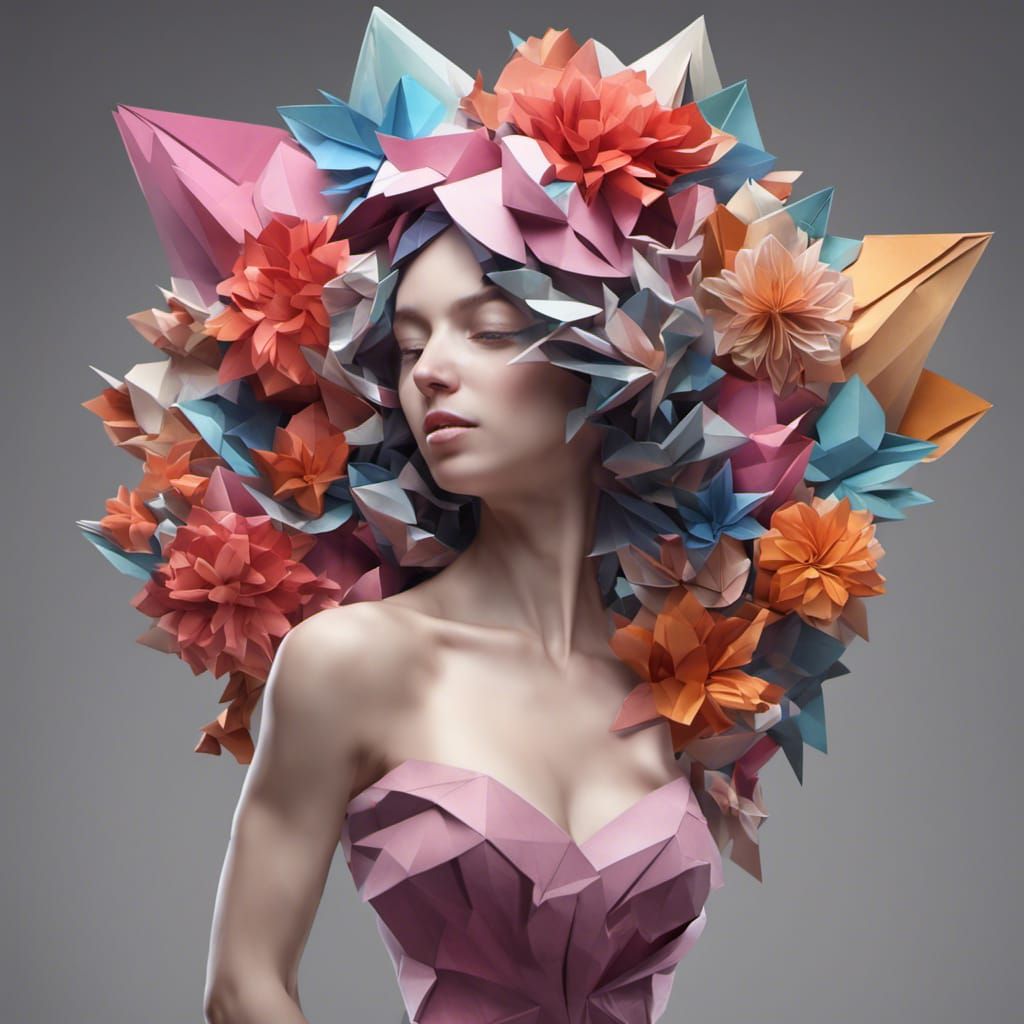 Detailed Origami Flower Portrait in Digital Art Style