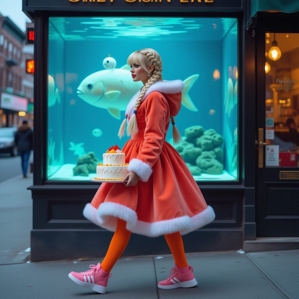 Brooklyn Woman with Cake: Photorealistic Evening Photography