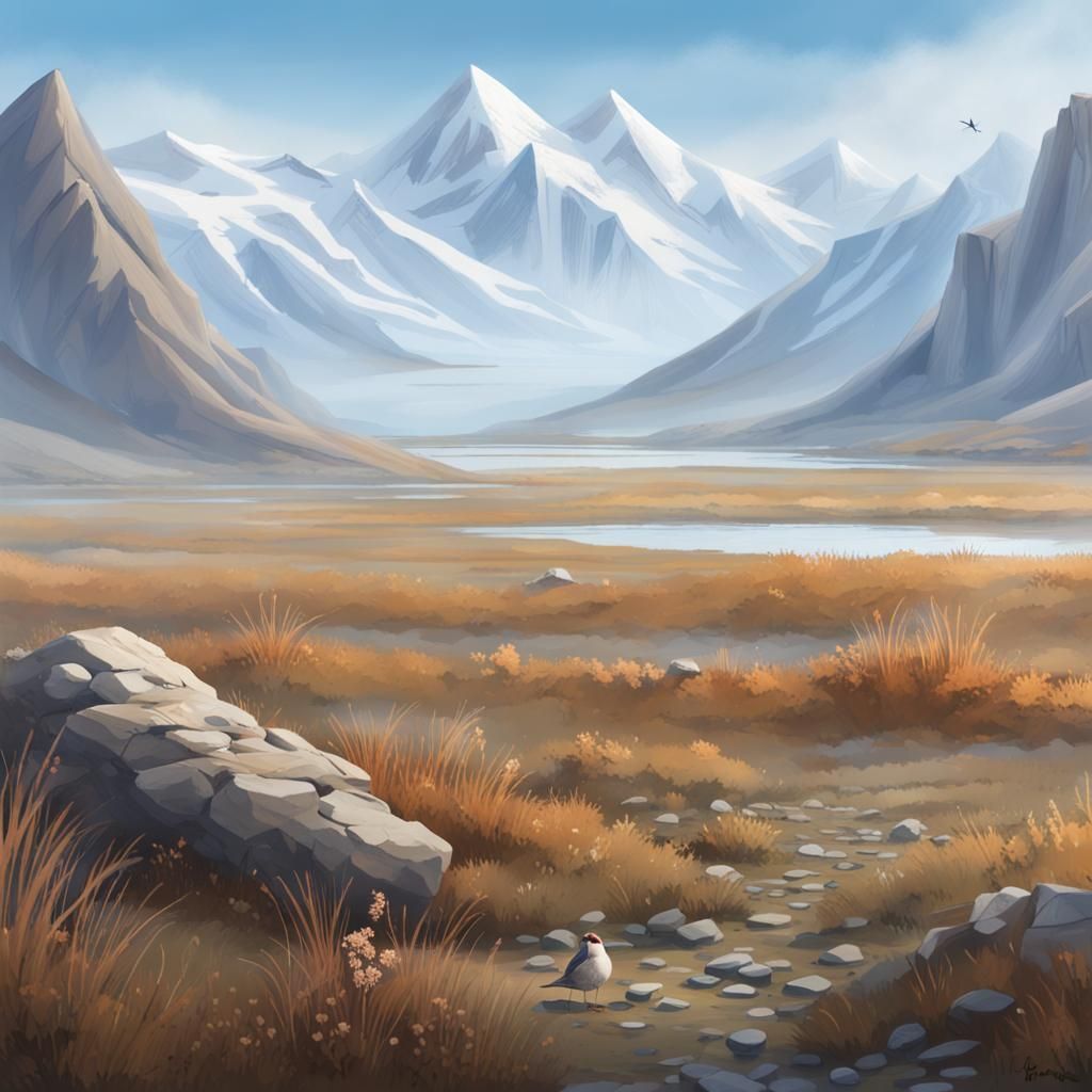 Tundra Landscape with Mountains and Bird