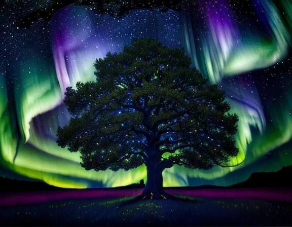 Mystical Night: Ancient Tree Under Northern Lights in Post-I...