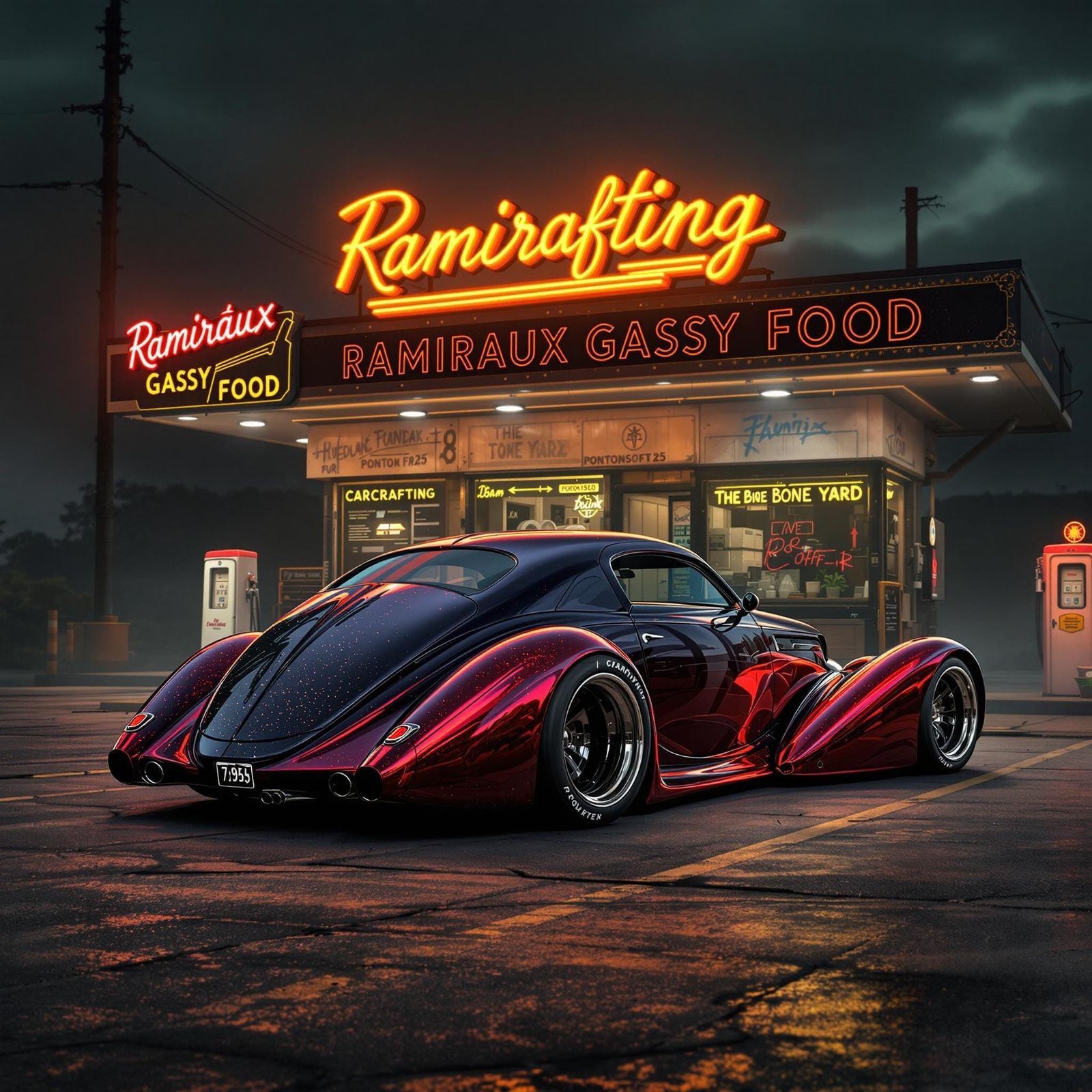 Cyberpunk Art Nouveau Car at Retro Gas Station under Neon Si...