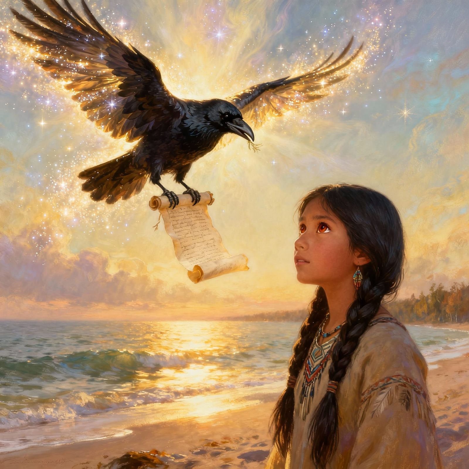 Celestial Crow Delivers Scroll to Native American Girl