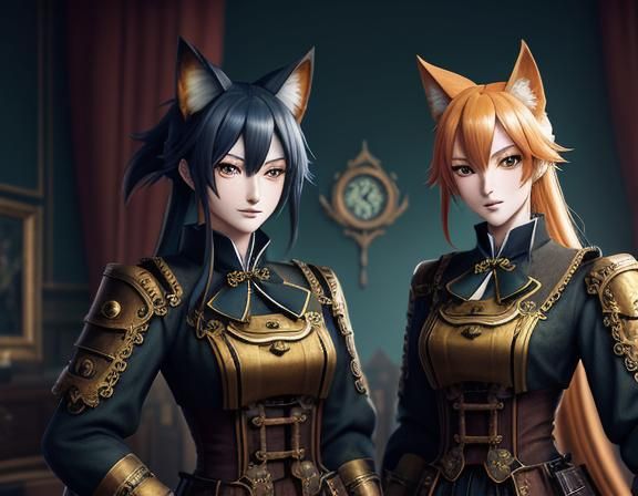 Steampunk Anime Kitsune in Uniforms