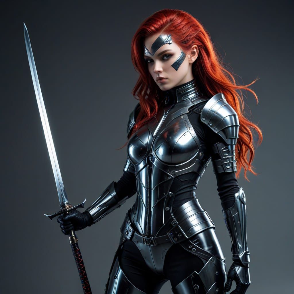 Cyberpunk Female Cosplayer in Shiny Latex Armor