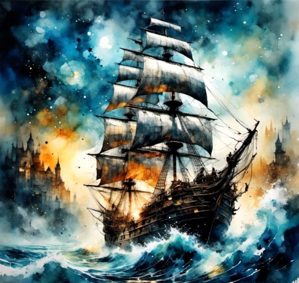 Sail Ship Navigating a Stormy Sea, Watercolor Style