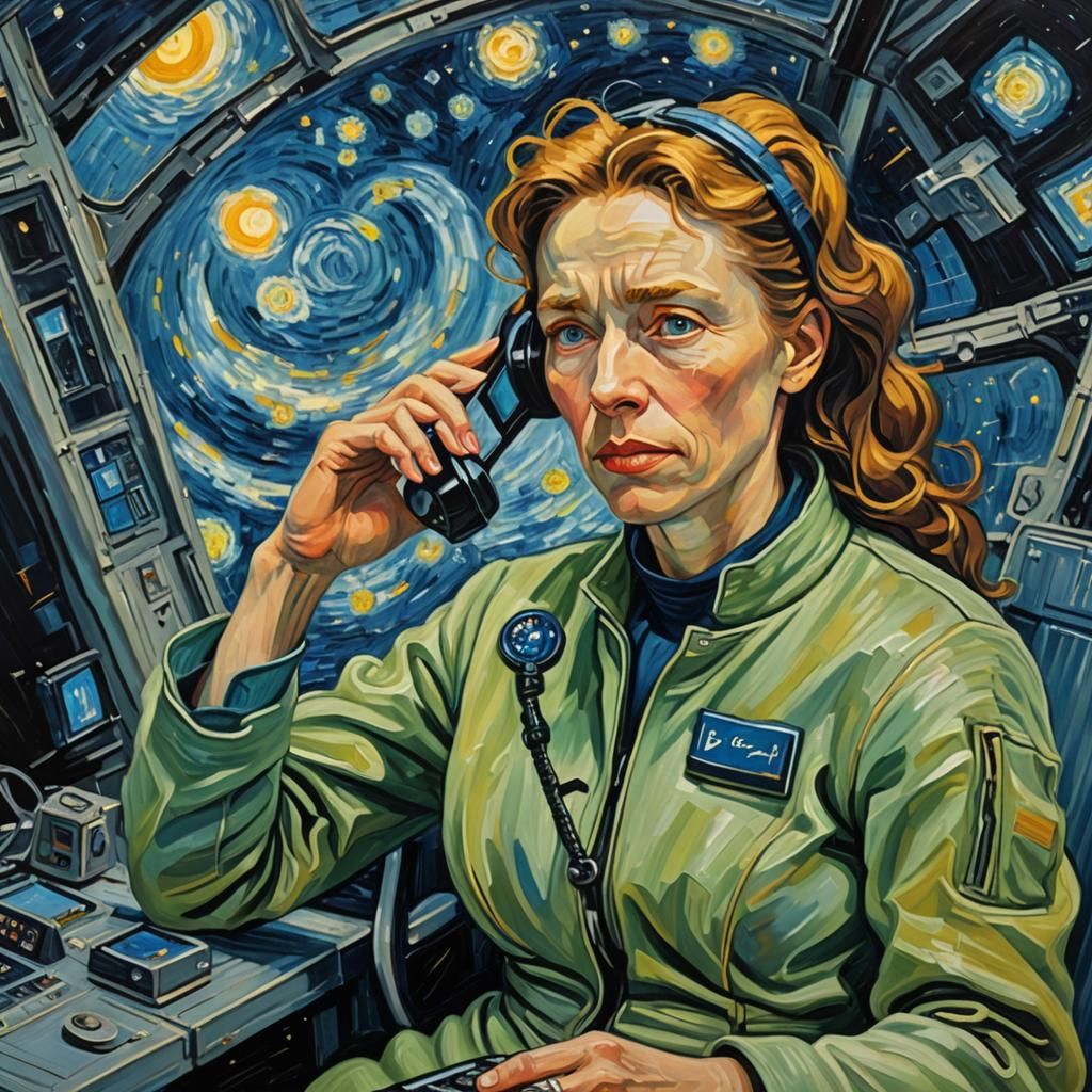 Woman on Phone in Space Station, Van Gogh Style