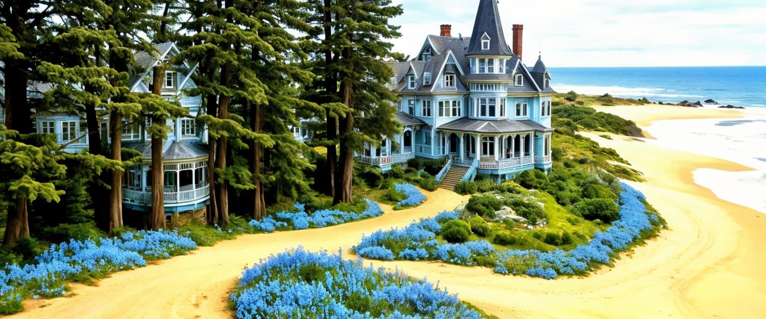 Elegant Victorian Mansion Amidst Wildflowers and Beach
