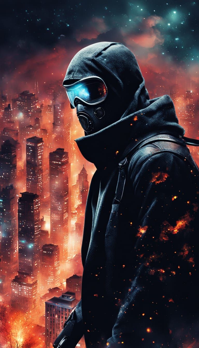 Cyber Ninja Vigilante Overlooks Burning City at Night in Gri...