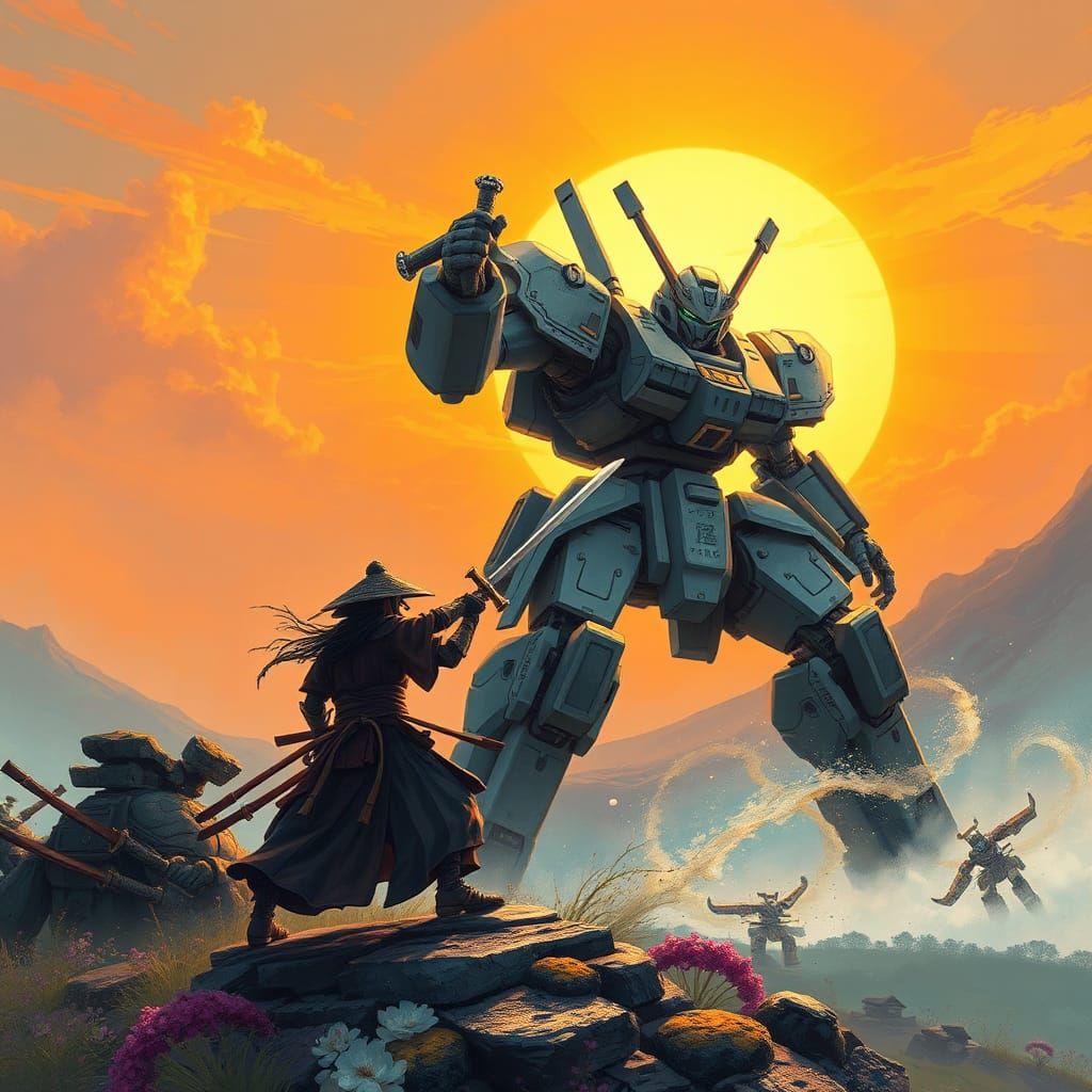 Epic Mecha Duel: Samurai Warrior vs Giant Robot