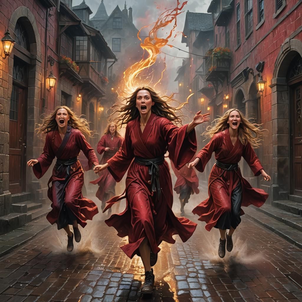 Wizards in Crimson Robes Running in the Rain