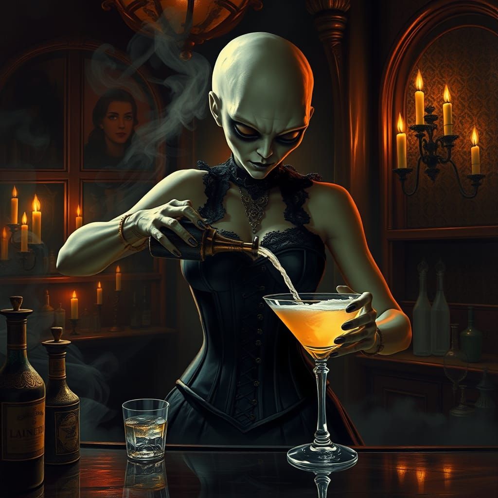 Extraterrestrial Bartender Pours Cocktail in Fantasy Art Sty...