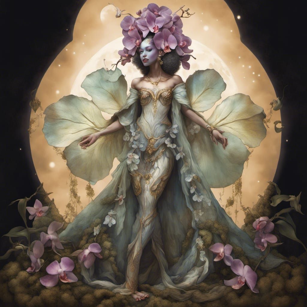 full body Queen of the orchid dryads opalescent skin wears a...