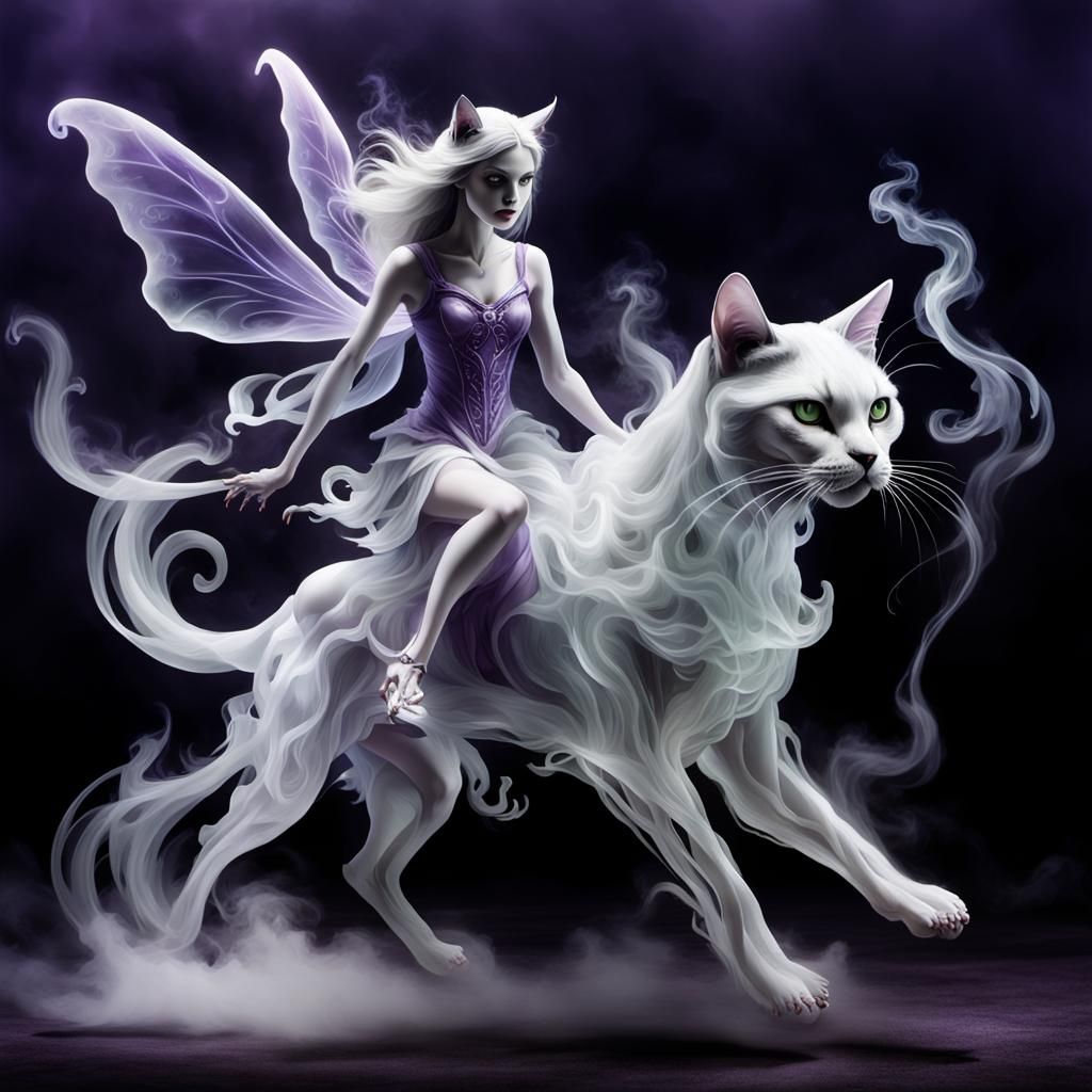 Ethereal Fairy Rides Mystical Smoke Cat