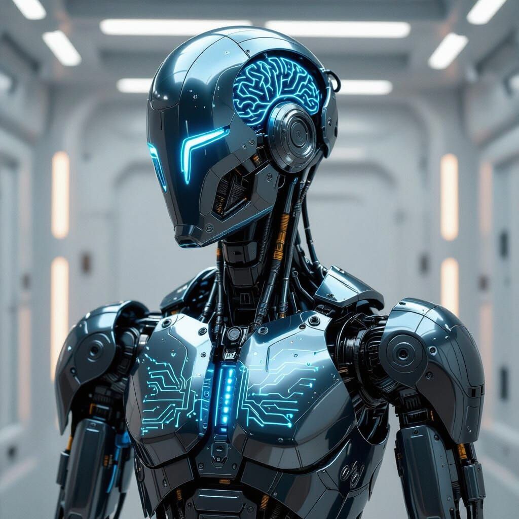 Futuristic Robot Portrait with Glowing Neurons in Cyberpunk ...