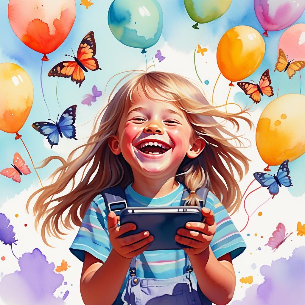 Child's Joy: Whimsical Gouache Illustration with Butterflies