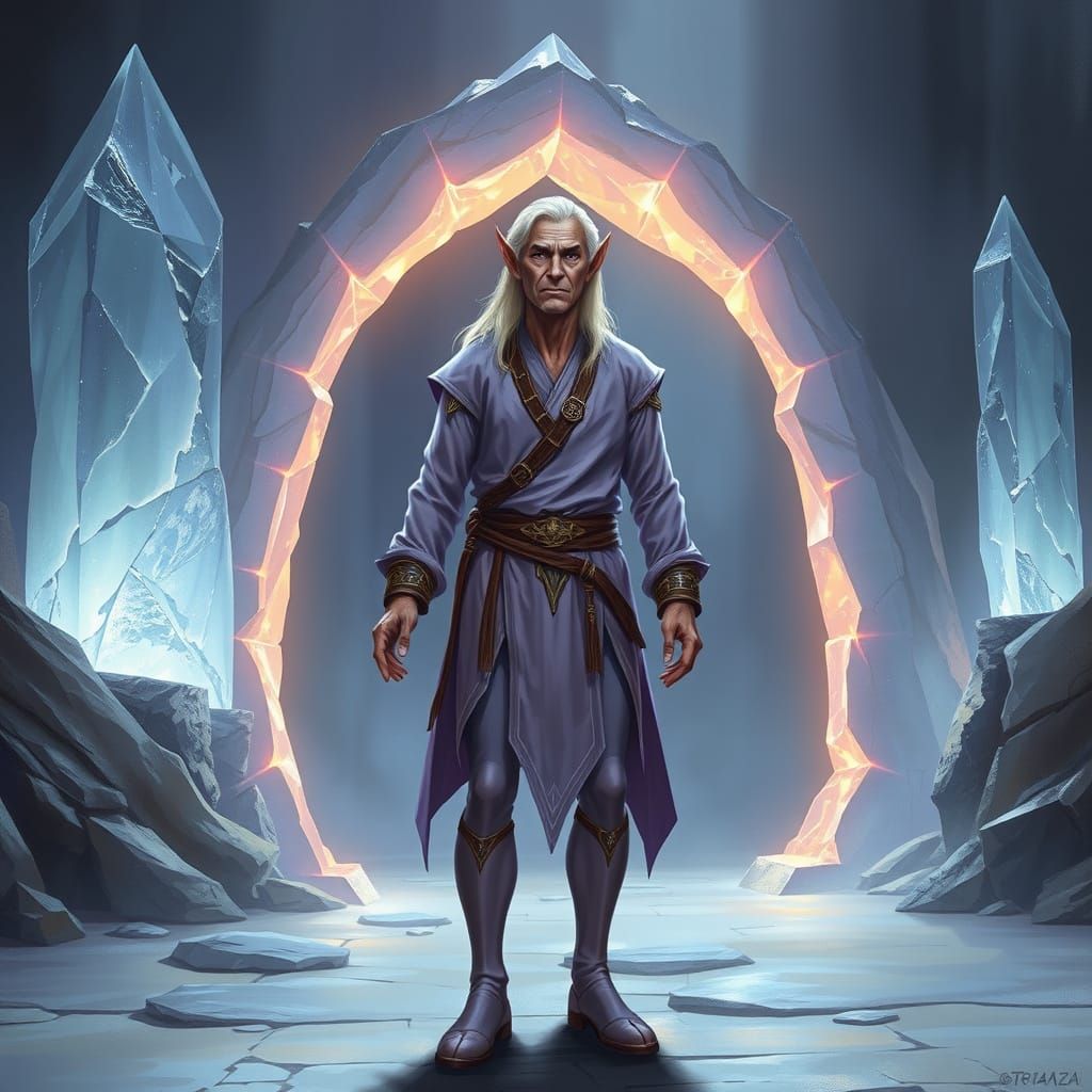 Elegant fair-haired older elf in a pale purple tunic and leg...