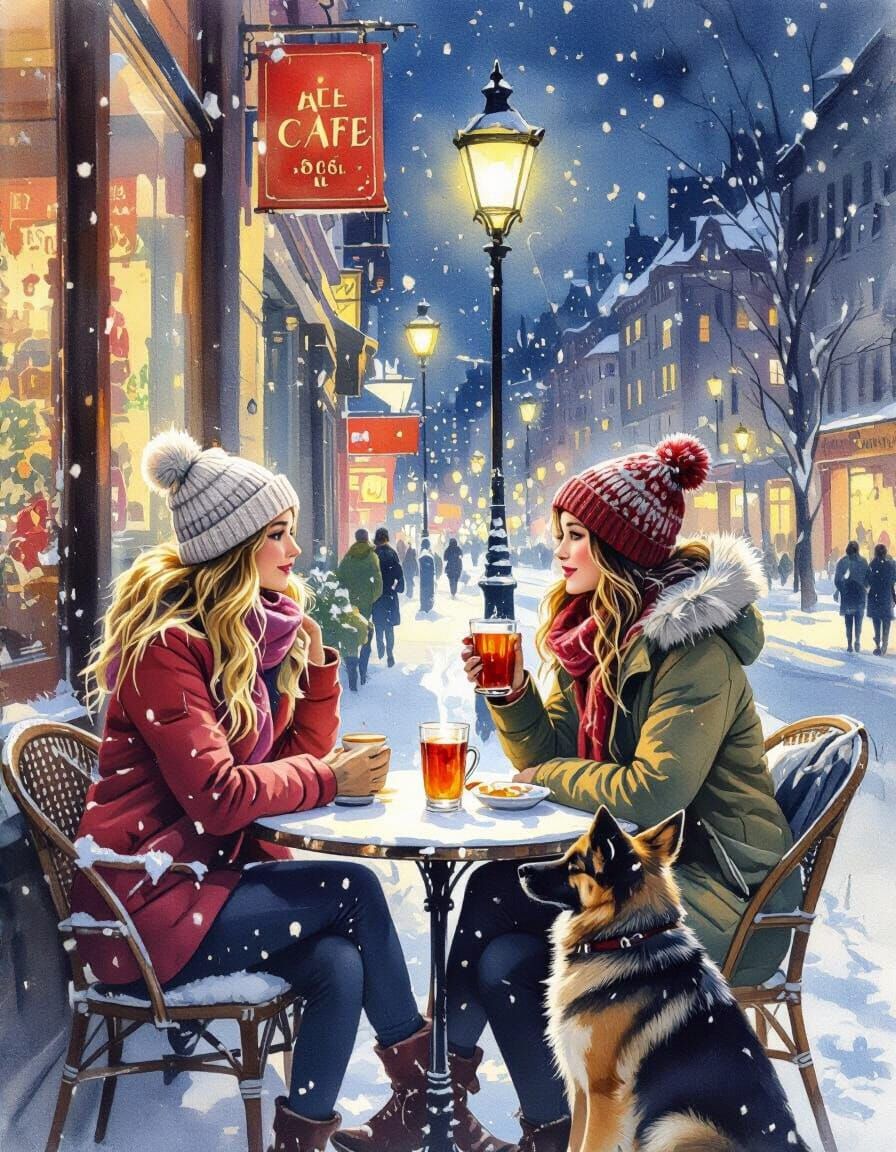 Girls Drinking Mulled Wine with Dog in Snowy City Night