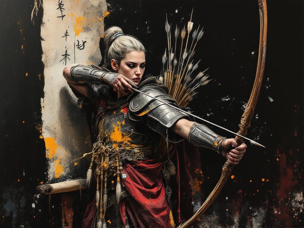 Surreal Expressionist Portrait of Ancient Female Archer in A...