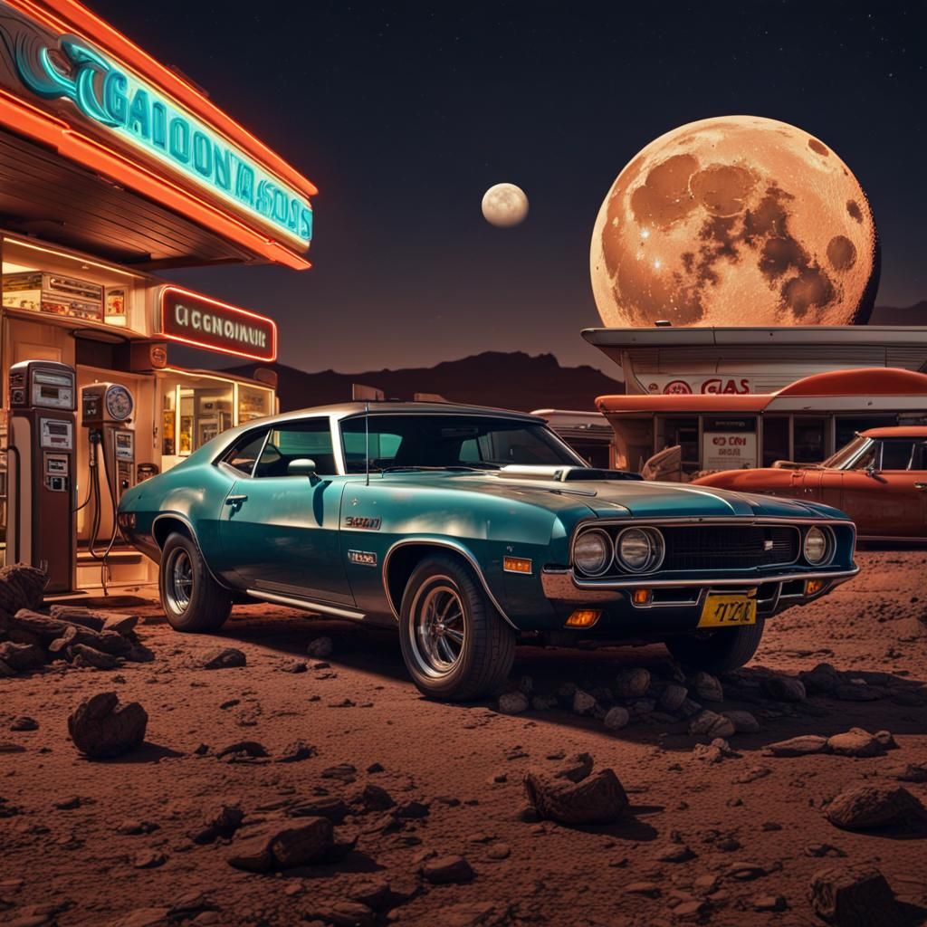 Muscle Car on Mars with Retro Gas Station