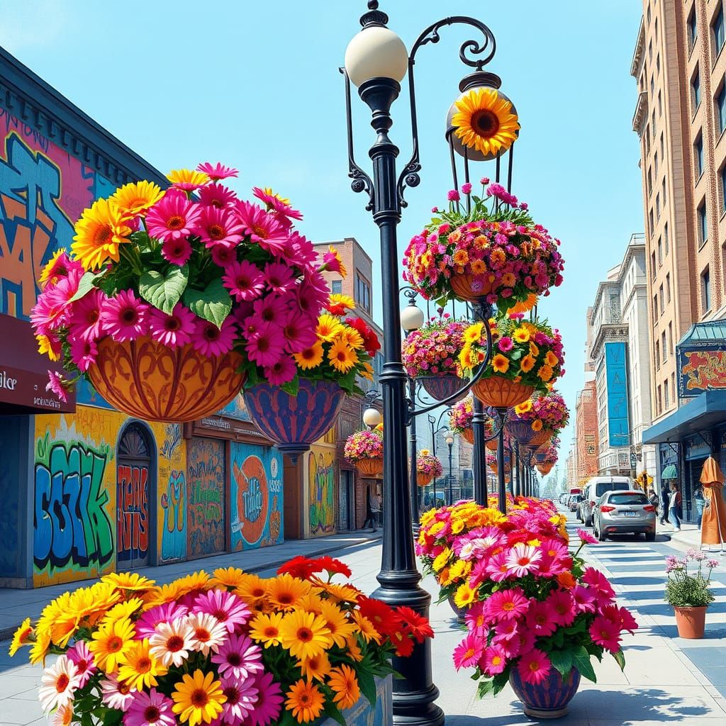 Vibrant City Street with Whimsical Flower Planters in Street...