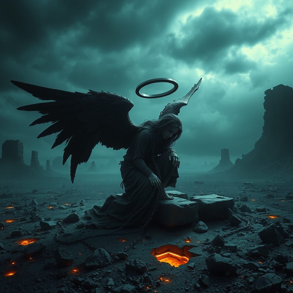 Fallen Angel in Wasteland, Hyperrealistic Dark Art