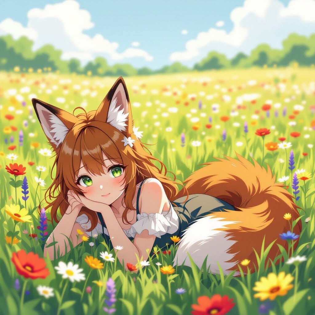 Anime Fox Girl in Field of Flowers