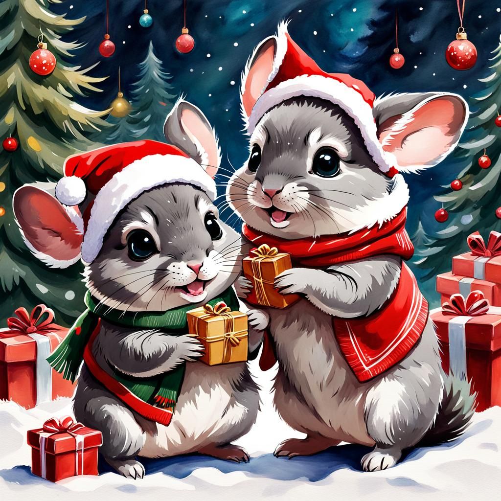 Chibi Chinchillas Exchange Christmas Gifts as Gouache Painti...