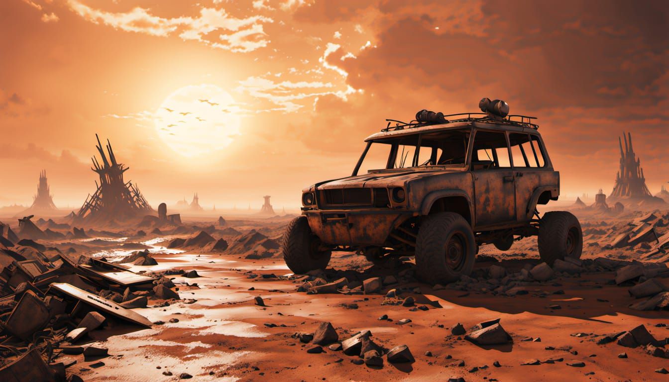 Post-Apocalyptic Wasteland Under Orange Sky