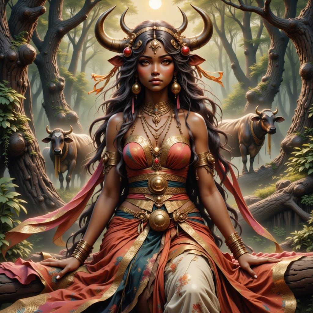 Elegant Horned Goddess in Mystical Setting