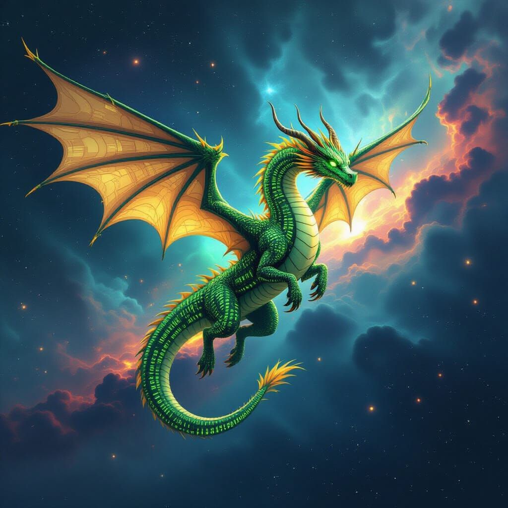 Dragon of Binary Code Soars Through Data Nebula