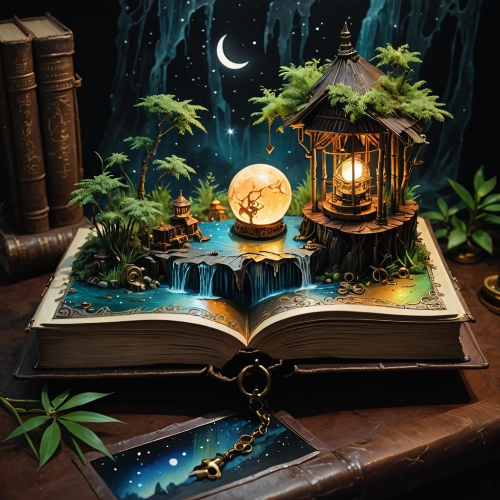 Steampunk Landscape: Magical Book with Waterfall, Digital Ar...