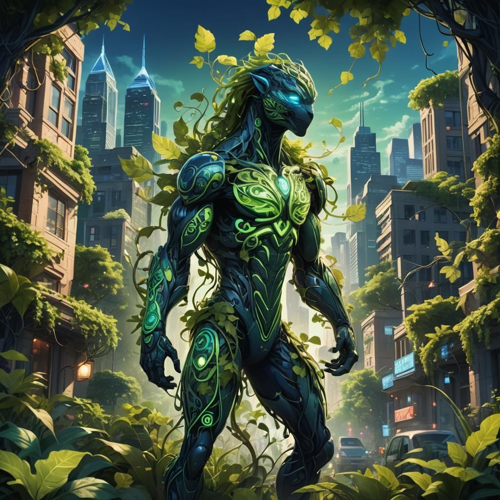 Green Mascot in Cityscape: High Fantasy Concept Art