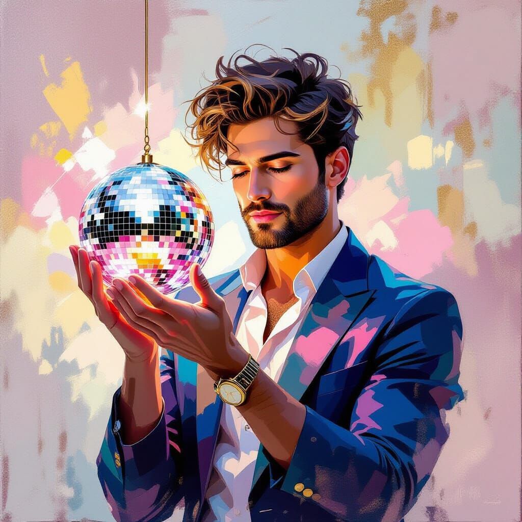 Man with Disco Ball in Impressionistic Style