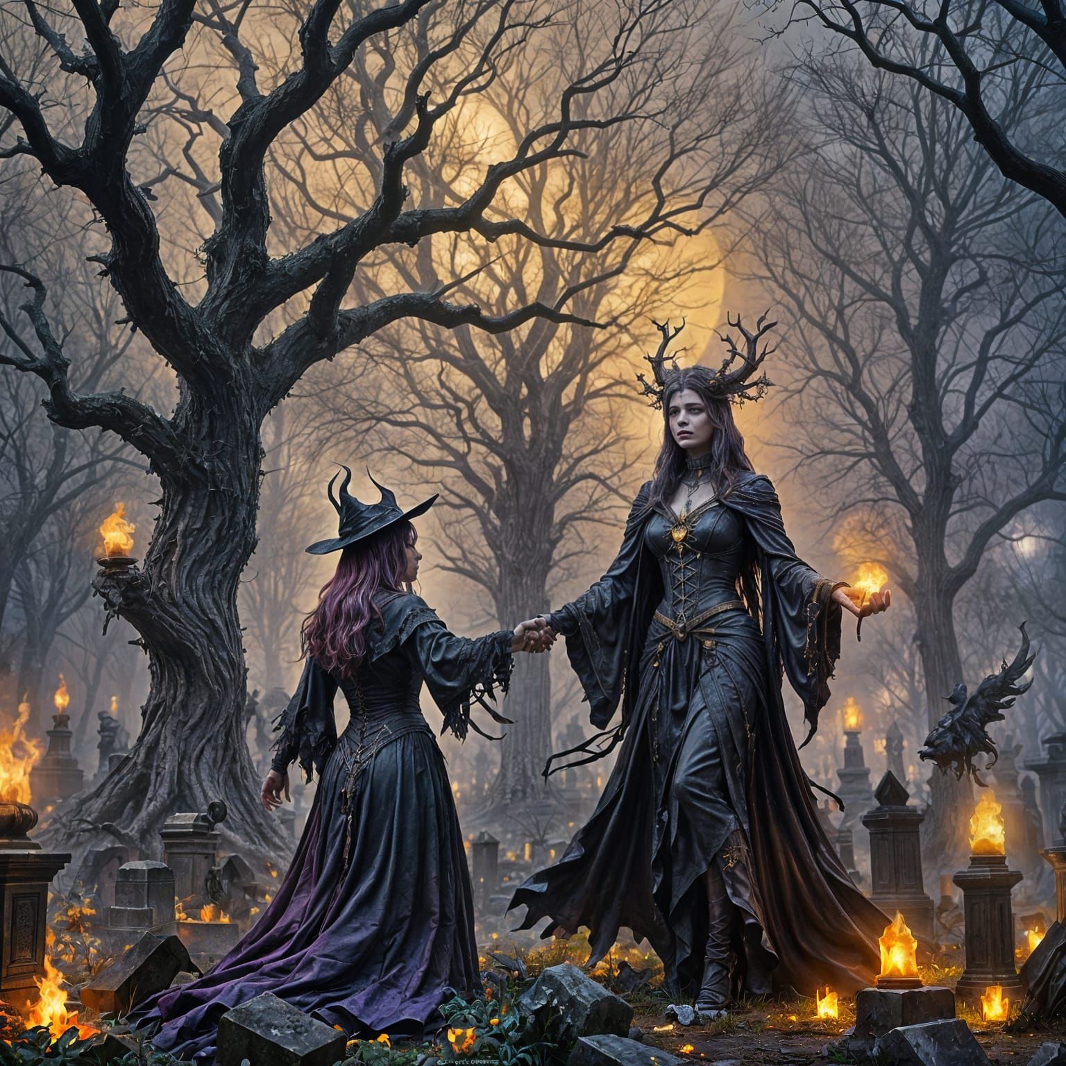 Beautiful Witch in Graveyard, Dark Fantasy Concept Art