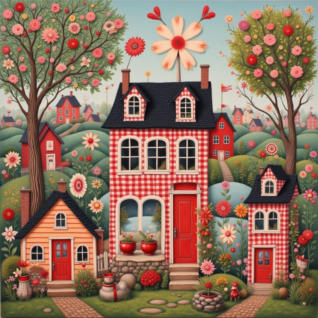 Whimsical Folk Art Village Collage