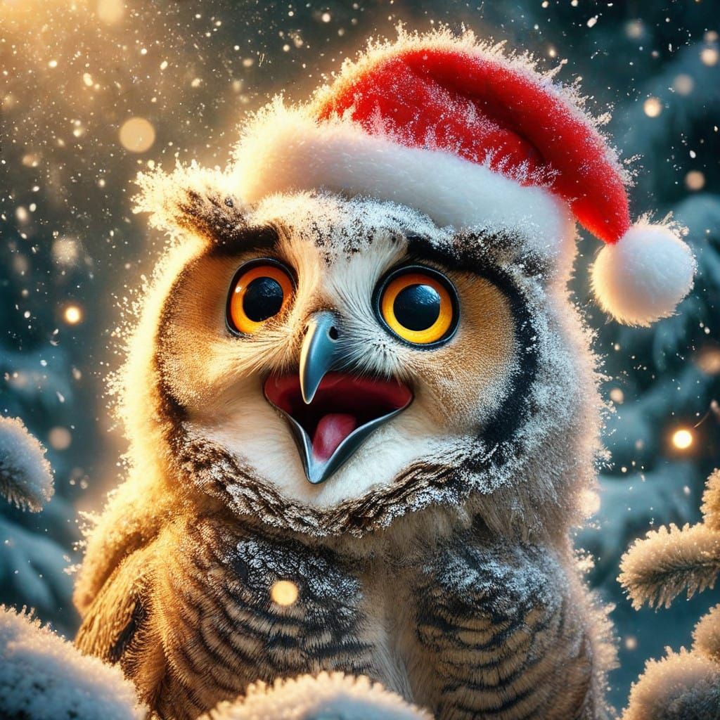 Silly Great Horned Owl in Festive Christmas Portrait