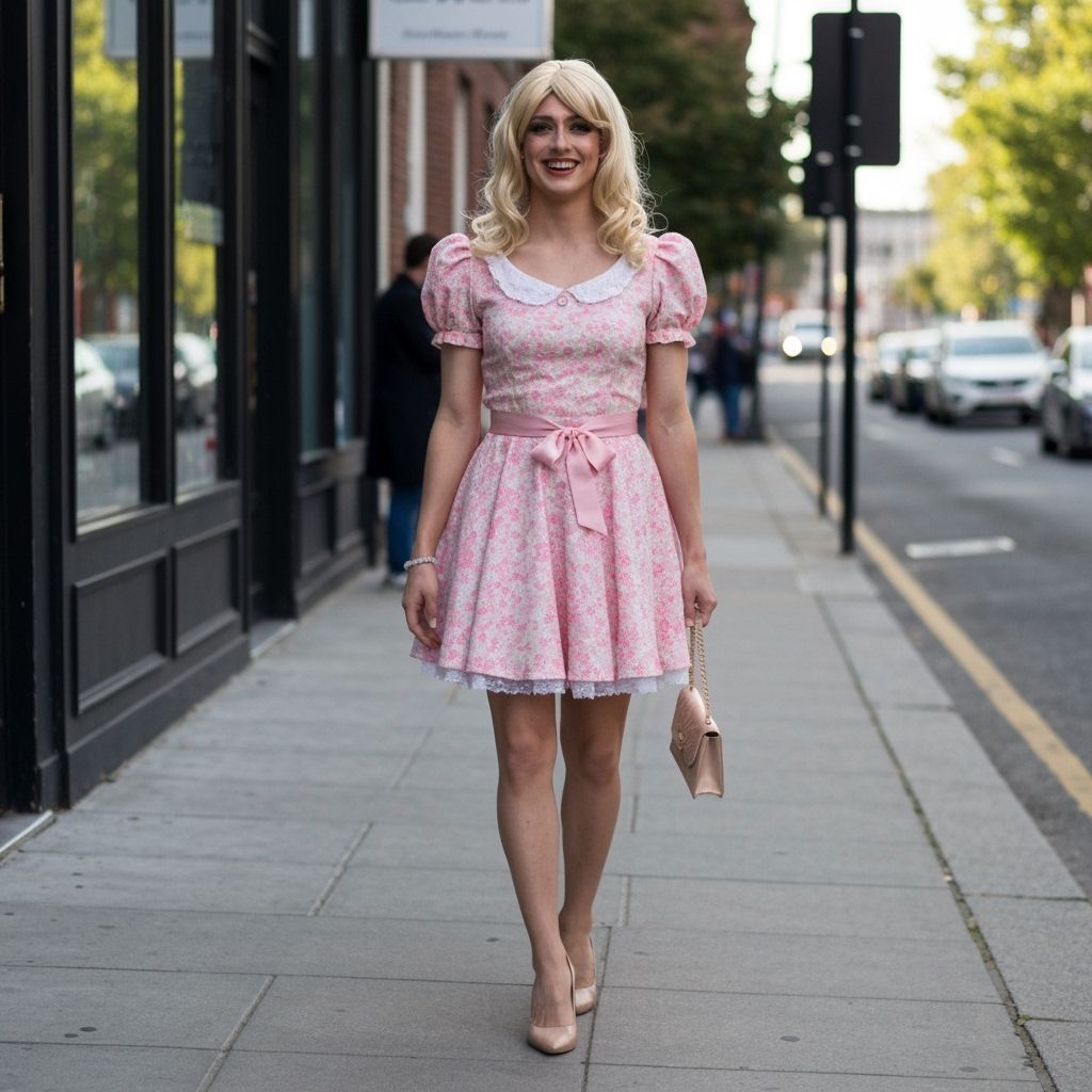 Crossdressing Man in Vintage Dress with Shopping Bags