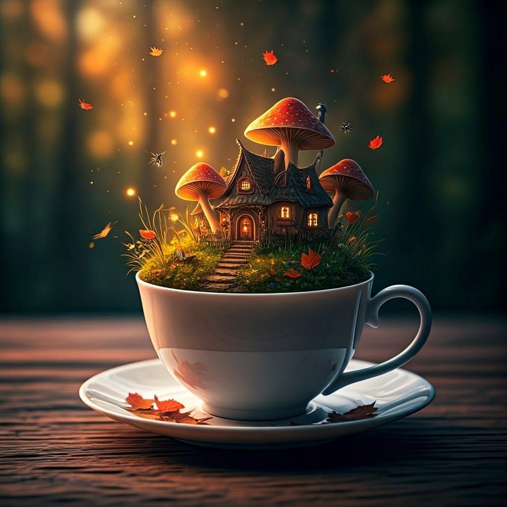 Autumn Fairy World Overflowing a Teacup