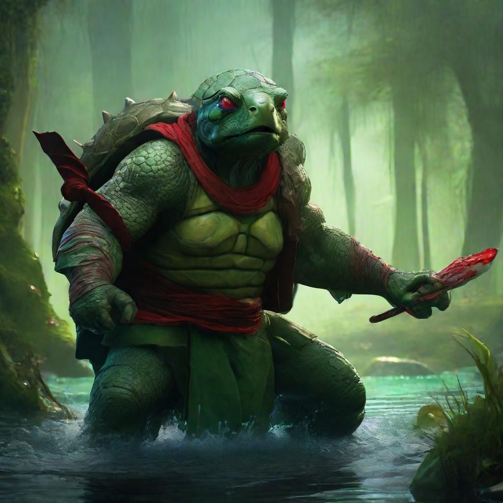 Tortle Druid Fighting in Swamp: Dark Fantasy Art