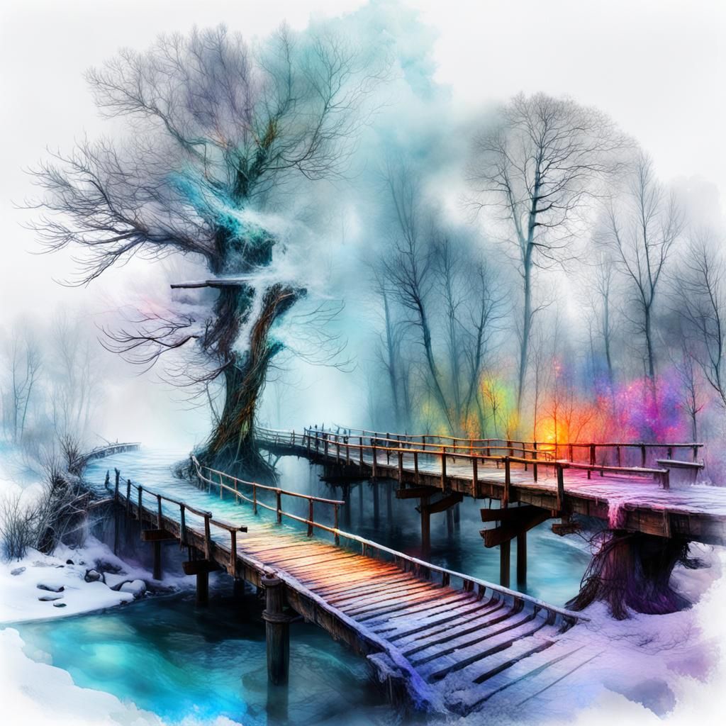 Icy River Scene in Double Exposure Watercolor